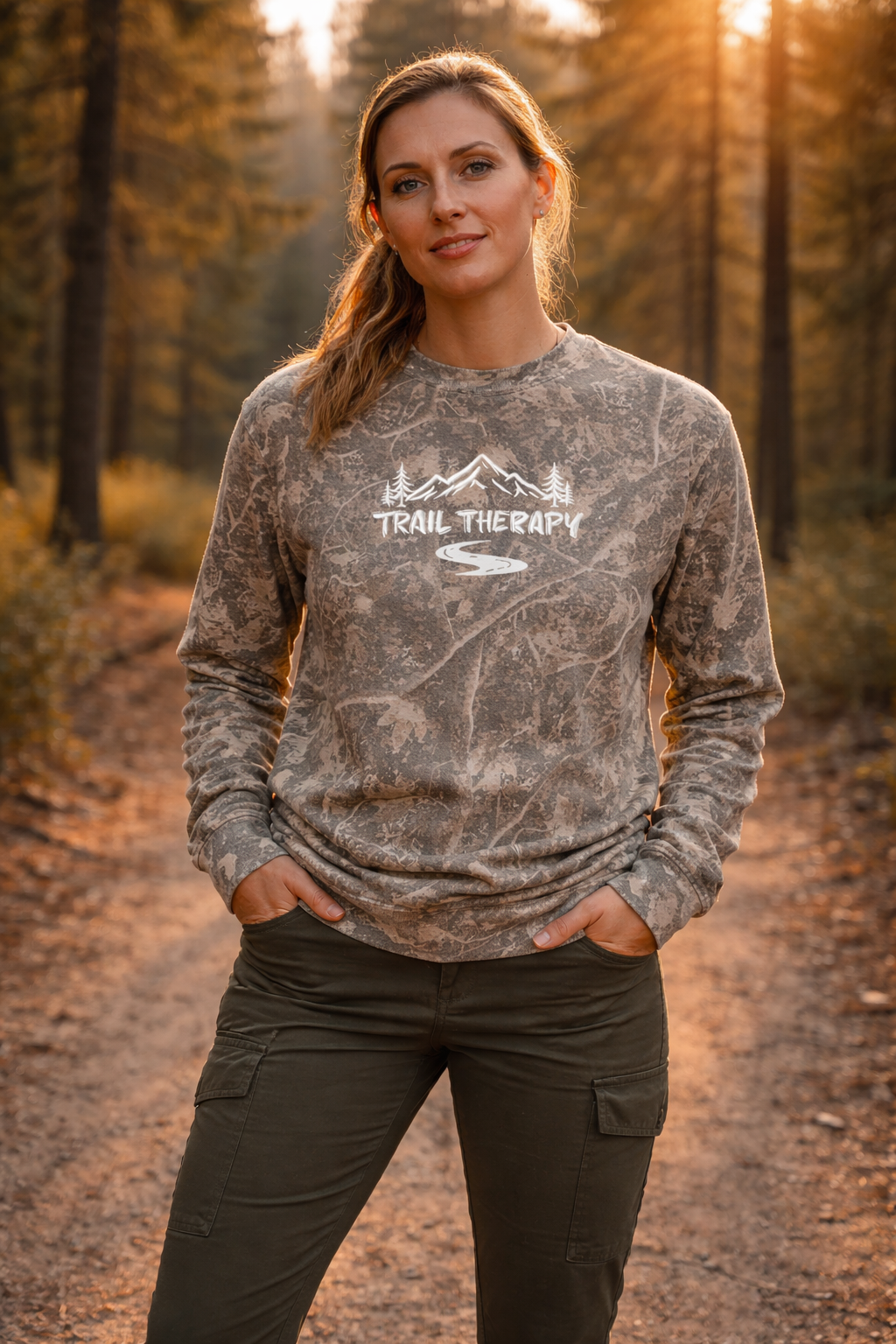 Trail Therapy Crewneck | Tree wood Camo | Embroidered Midweight