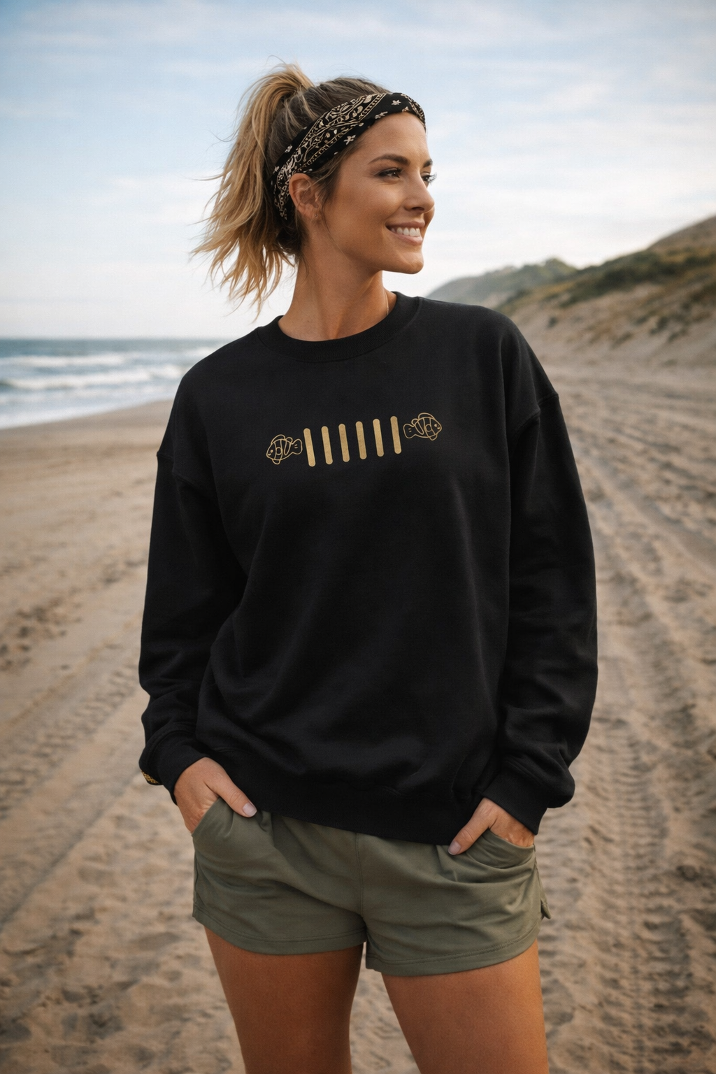 Embroidered Fish Grille Crewneck - Just Keep Swimming