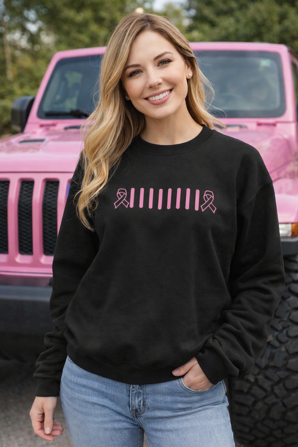 Embroidered Breast Cancer Ribbon Jeep Grille Crewneck