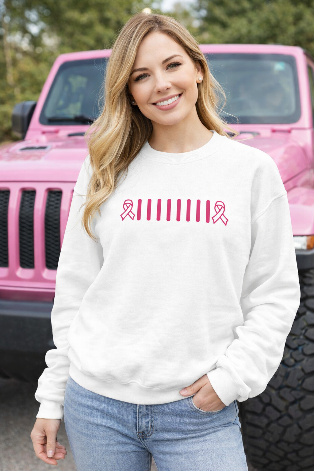 Embroidered Breast Cancer Ribbon Jeep Grille Crewneck
